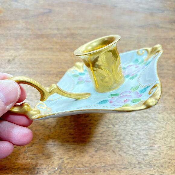 Hand painted porcelain candle holder finger lamp taper candlestick pink gold 60s - Picture 4 of 7